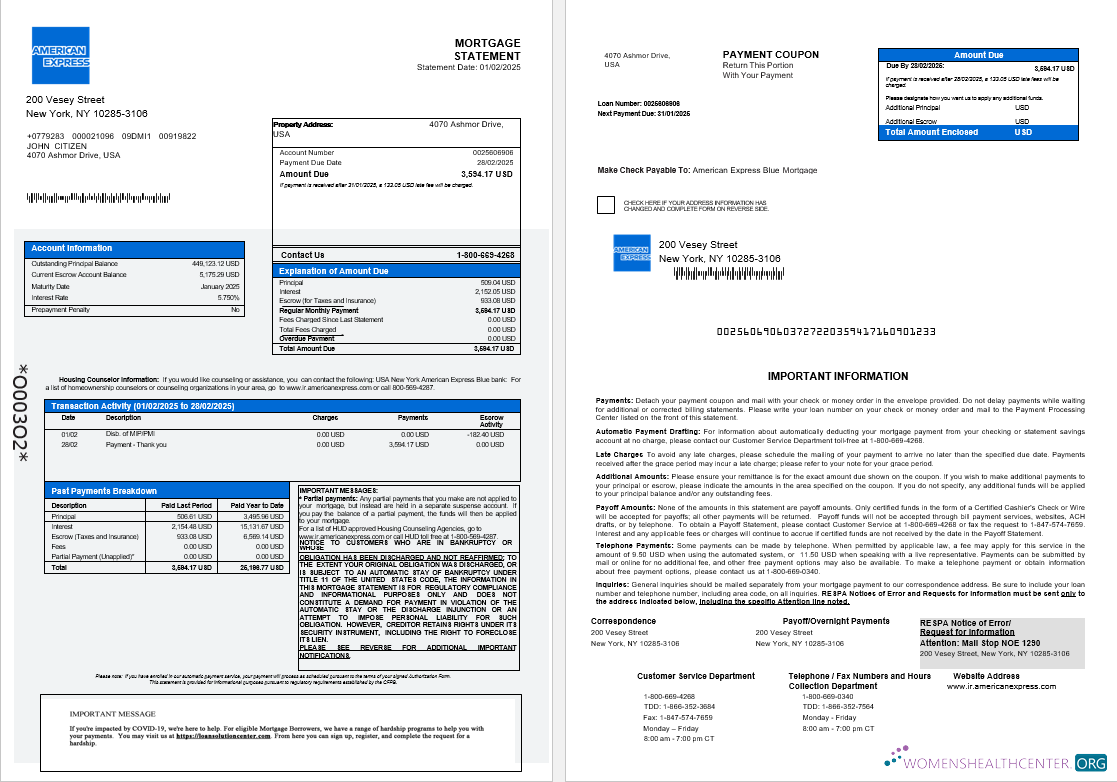 USA New York American Express Blue bank mortgage statement in Word and PDF formats 1 2
